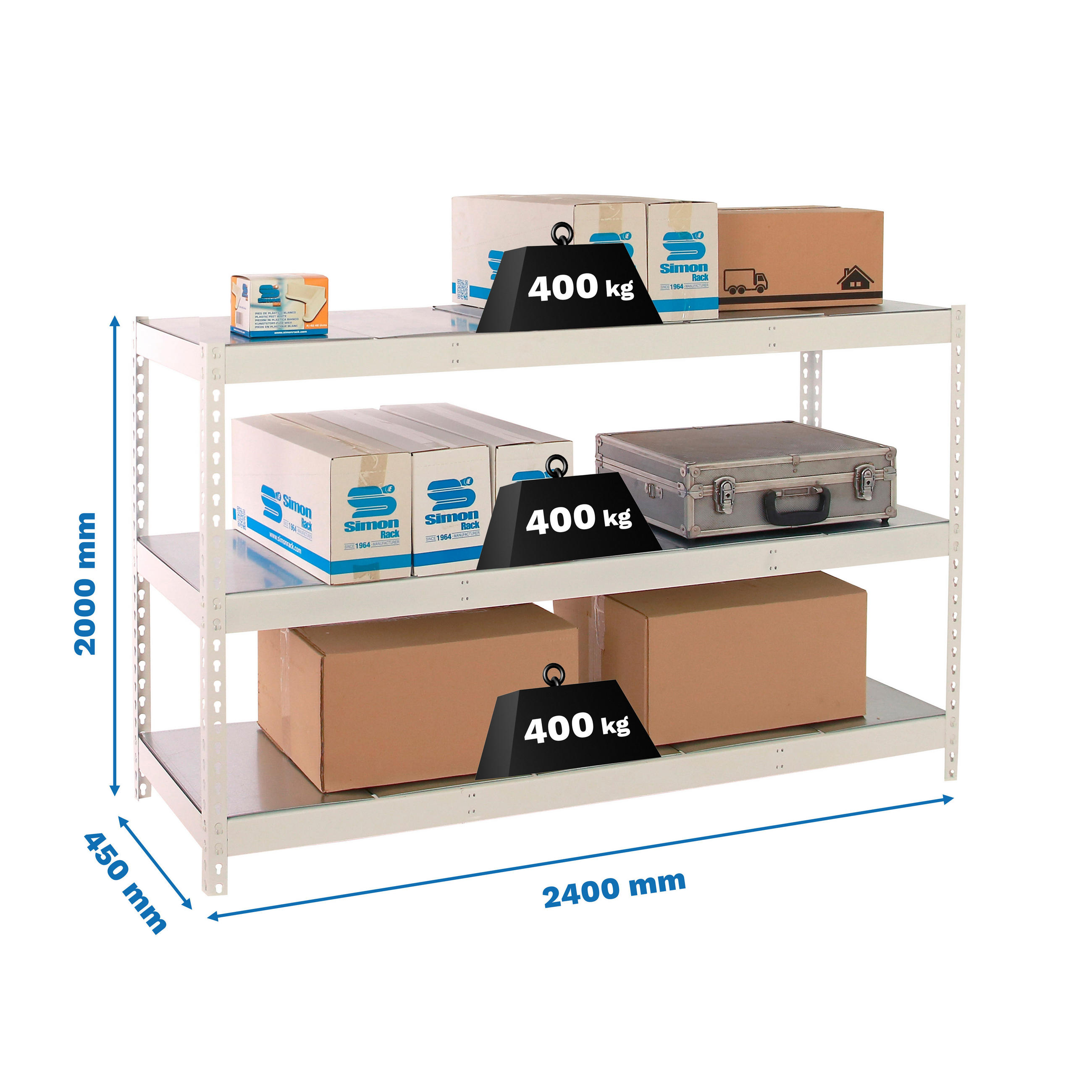 SCHWERLASTREGAL Metal Beast Three HxBxT 200 x 240 x 45 cm Fachlast 400 kg Weiß - Weiß, Metall (240/200/45cm) - PROREGAL