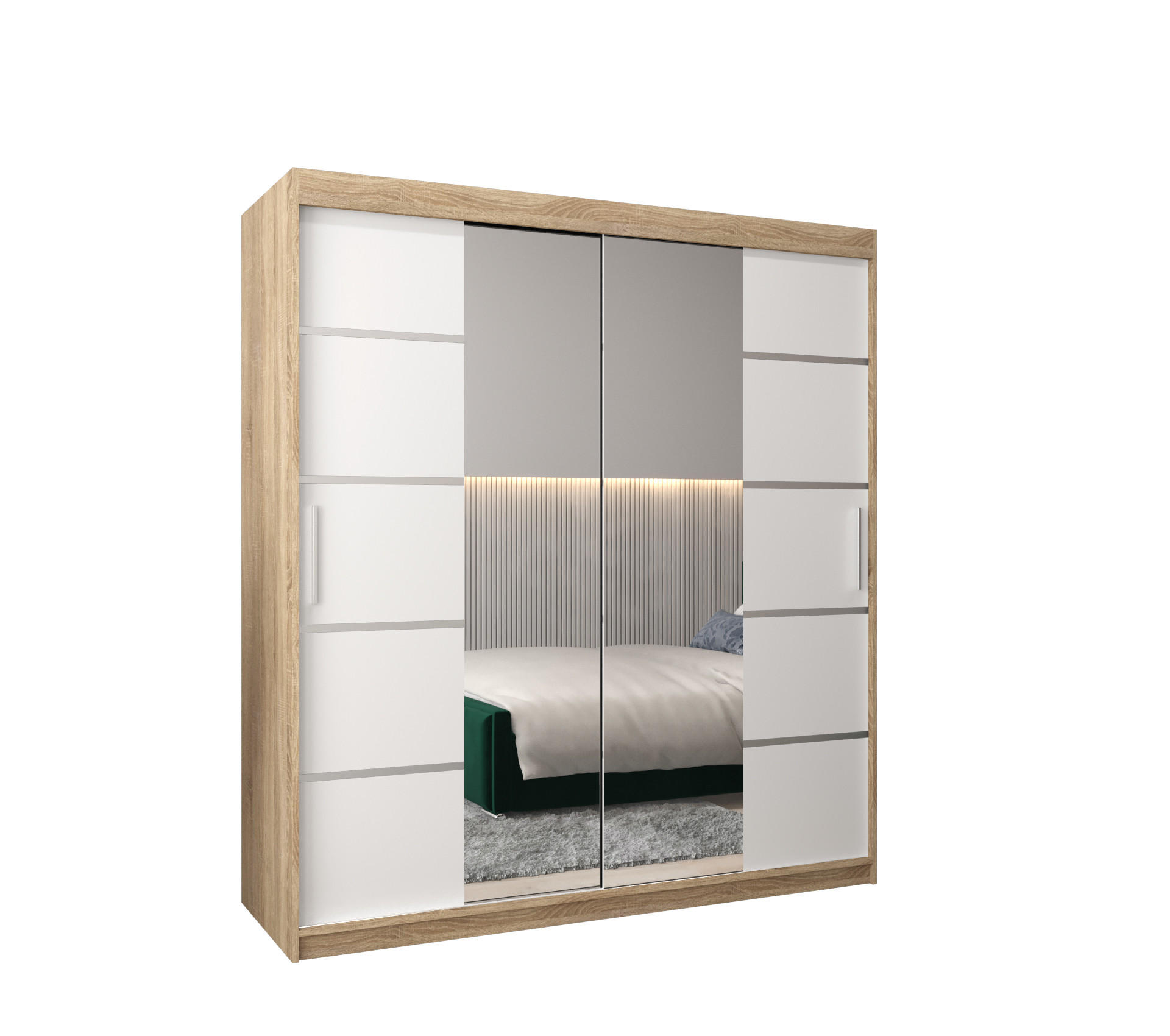 Möbel Kryspol Schwebetürenschrank Sonoma Eiche, Weiß, Silber 180x200x62 cm