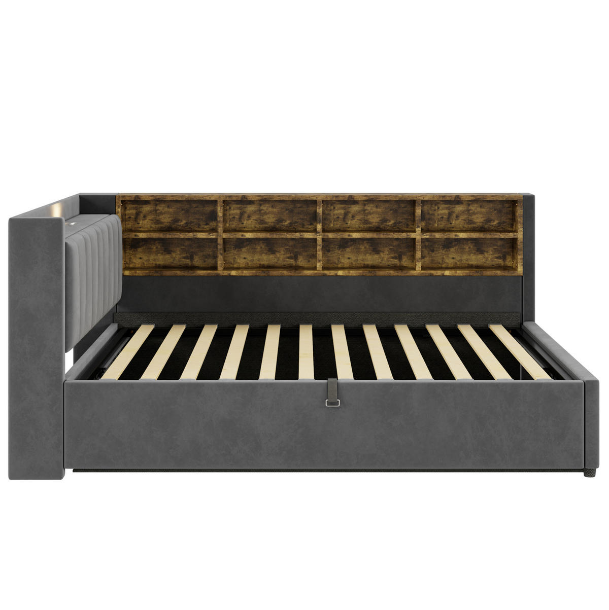 POLSTERBETT Schlafsofa aus Samt 140x200 cm Dunkelgrau mit Hydraulik-Stauraum, Nachtlicht, USB- und Typ-C-Anschlüssen - Grau, Textil (140/200cm) - Modfu