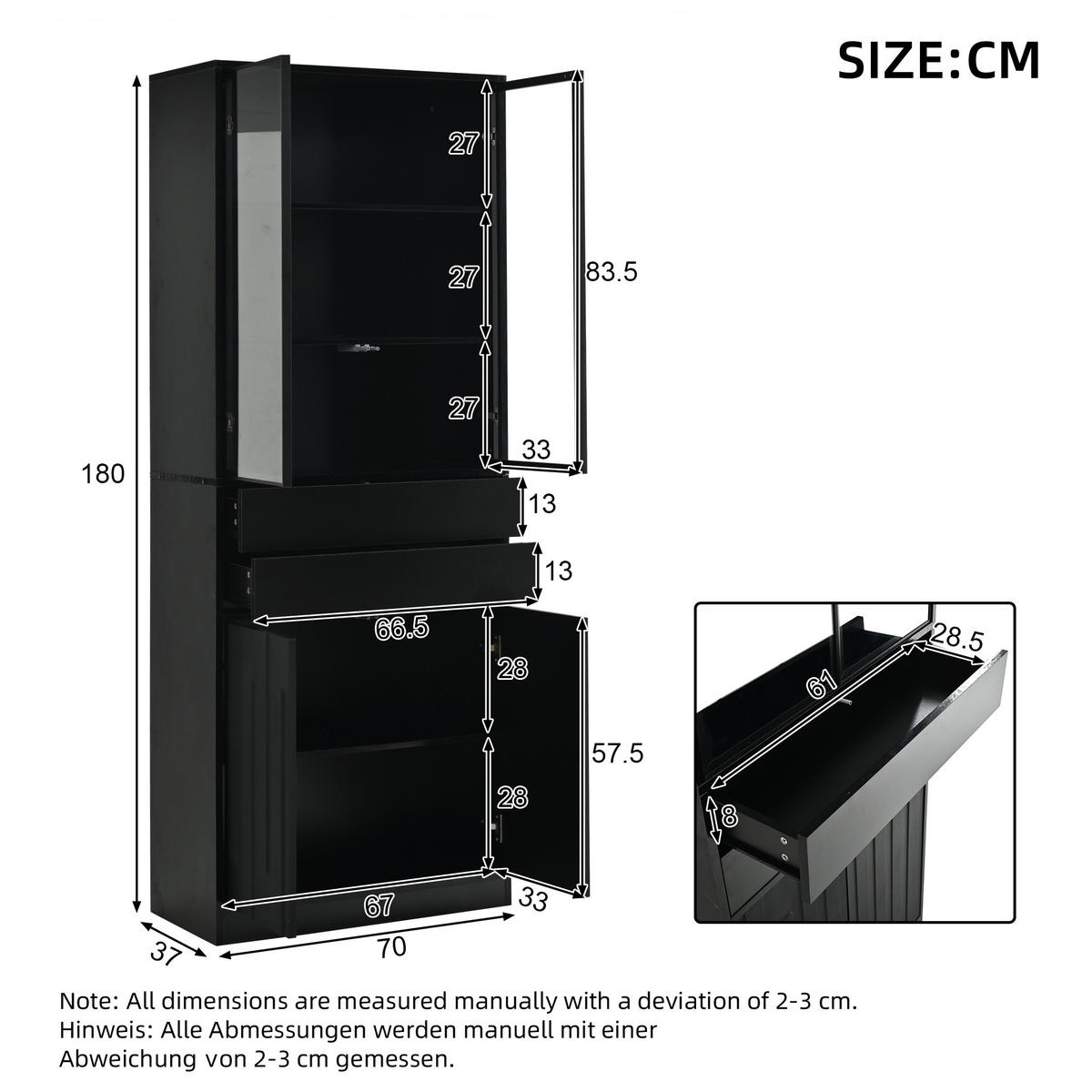 VITRINE 70x34x180 cm Schwarz mit LED und 2 Schubladen - Schwarz, Holzwerkstoff (70/180/34cm) - FLIEKS