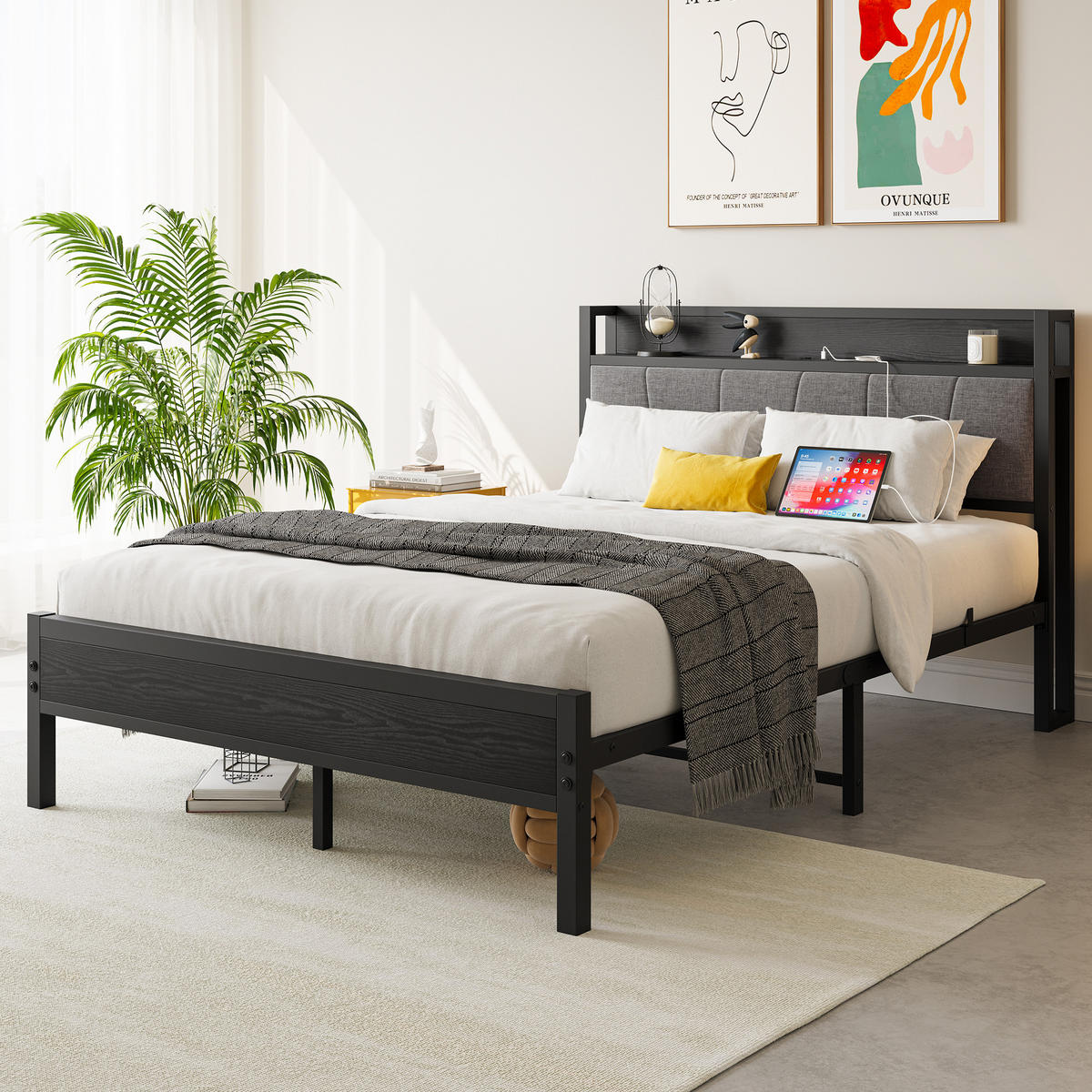 METALLBETT 140/200 mit Matratze und Gepolstertes Kopfteil Jugendbett mit Steckdose, 27 cm Bodenfreiheit - Schwarz/Grau, Holzwerkstoff/Textil (140/200cm) - STILVORA