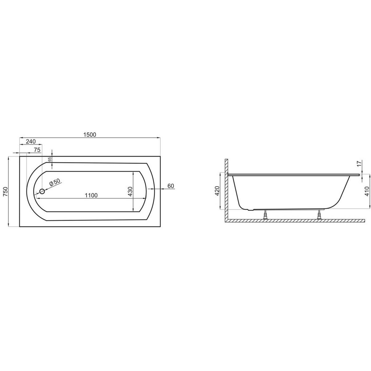 BADEWANNE Rechteck CLASSIC SLIM 150/75 mit Styro Ablauf Füße - Weiß, Kunststoff (75/56.5/150cm) - bad land
