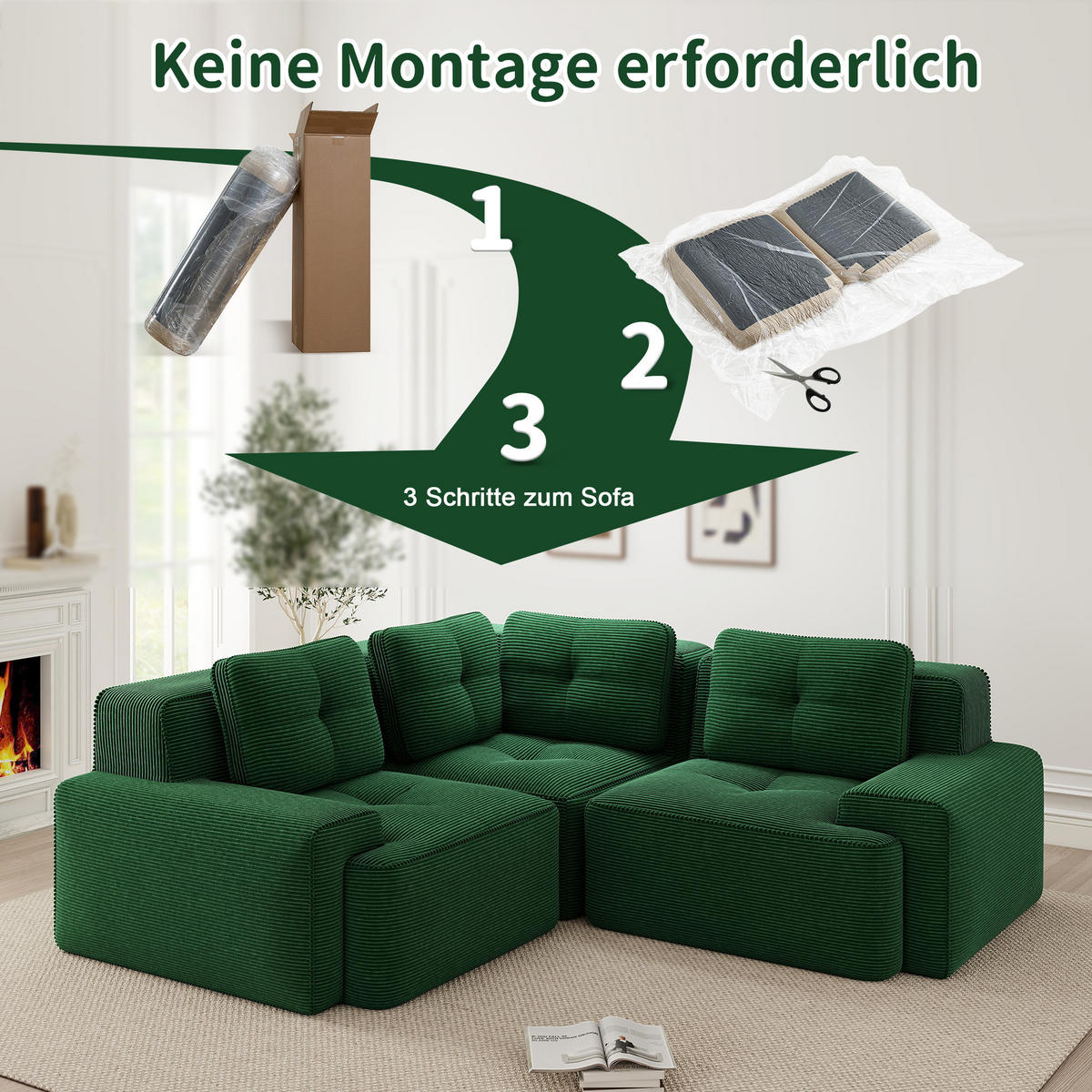 3-SITZER mit tiefer Sitzfläche und gepolstertem Design aus Cord - Grün, Textil (177/69/104cm) - EVRYAE