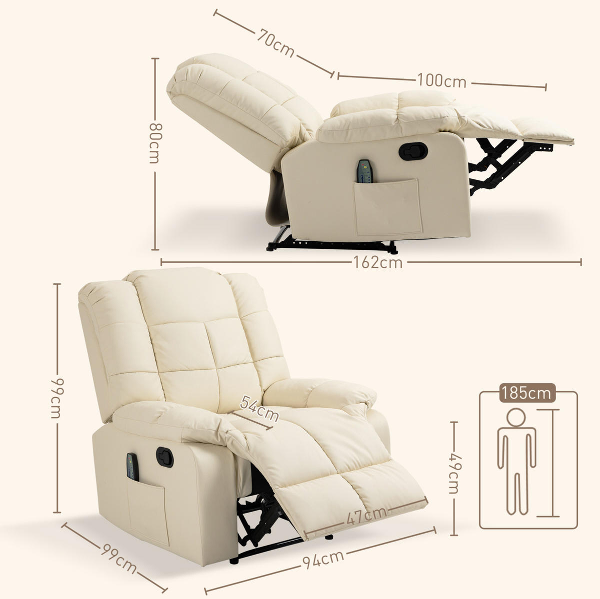 MASSAGESESSEL Kunstleder mit 8-Punkt-Vibrationsmassage, Fußstütze 99/94/99 cm Cremeweiß - Creme, Kunststoff (99/99/94cm) - Redom