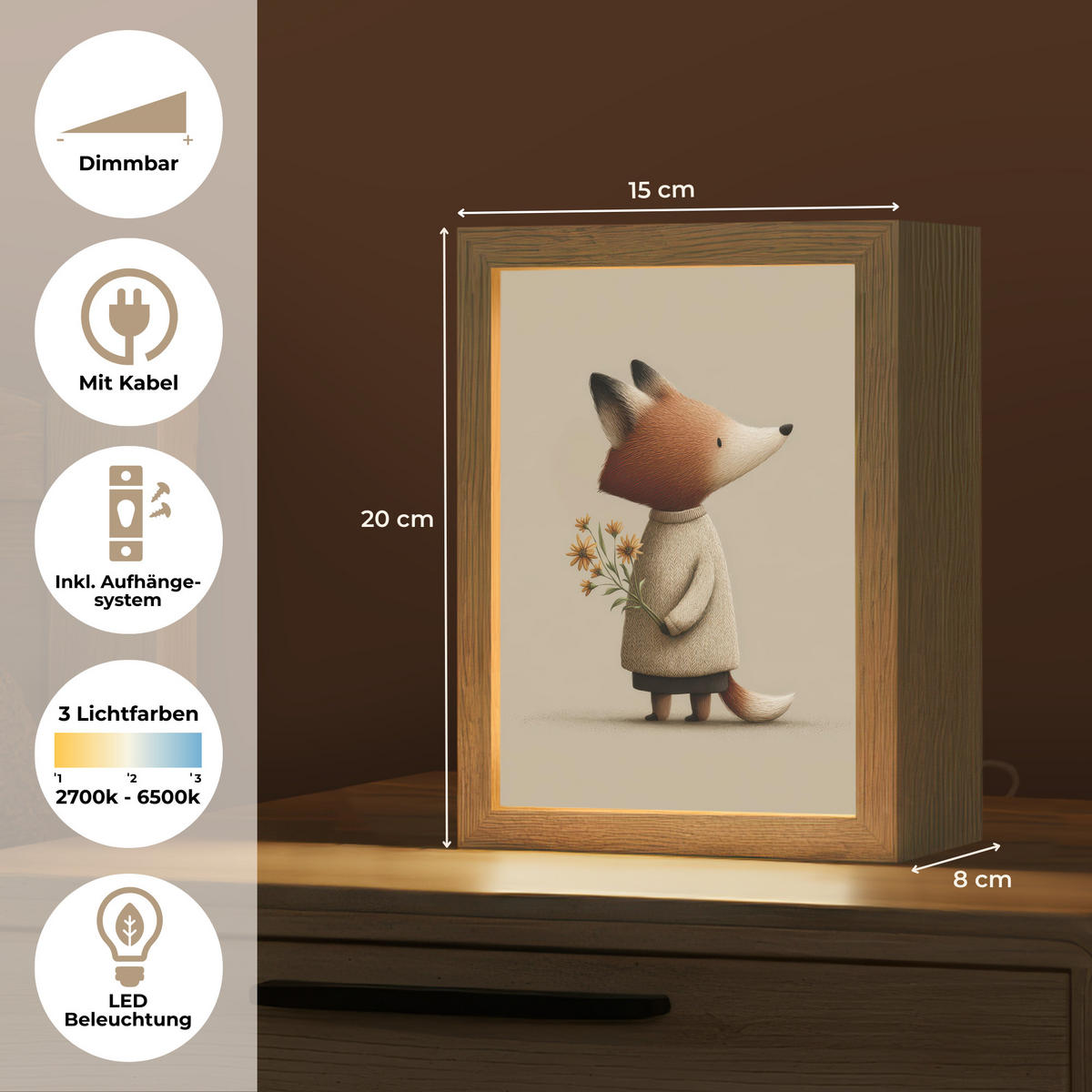 NACHTTISCHLAMPE Fuchs - Gelbe Blumen - Minimalistisch 15x20 cm - Taupe, Holzwerkstoff (8/15/20cm)