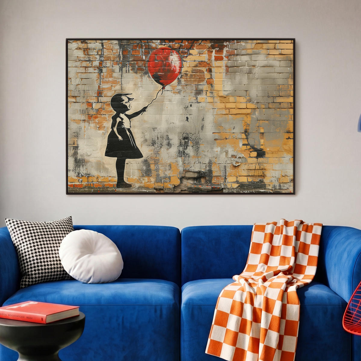 LEINWAND Bilder mit Rahmen - Graffiti - Banksy - Mädchen - Straßenkunst - 90x60 - Sandfarben, Textil (90/60cm) - MuchoWow
