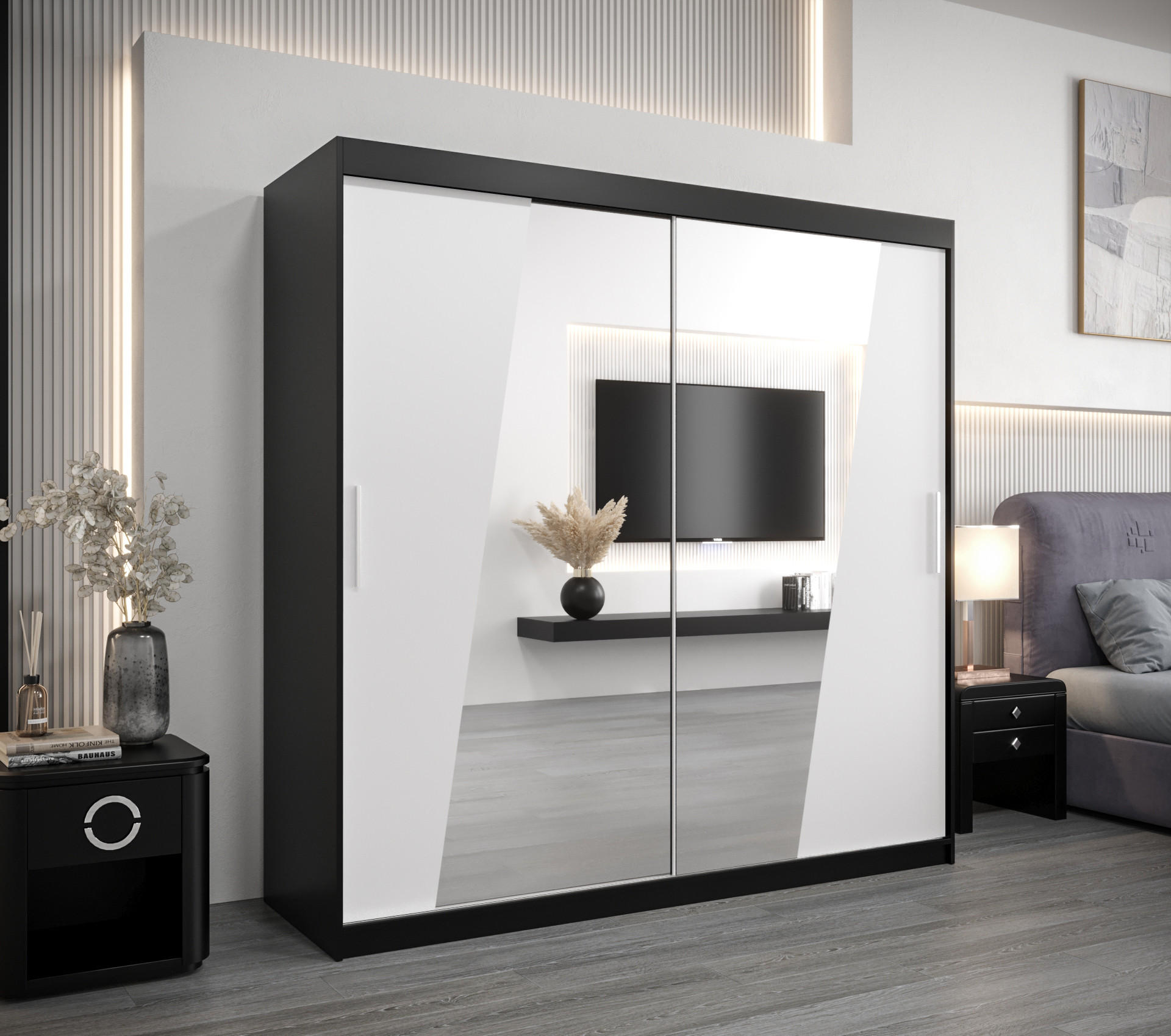 SCHWEBETÜRENSCHRANK 200/200/62 2-türig - Silberfarben/Schwarz, Holz/Kunststoff (200/200/62cm) - Abiks Möbel