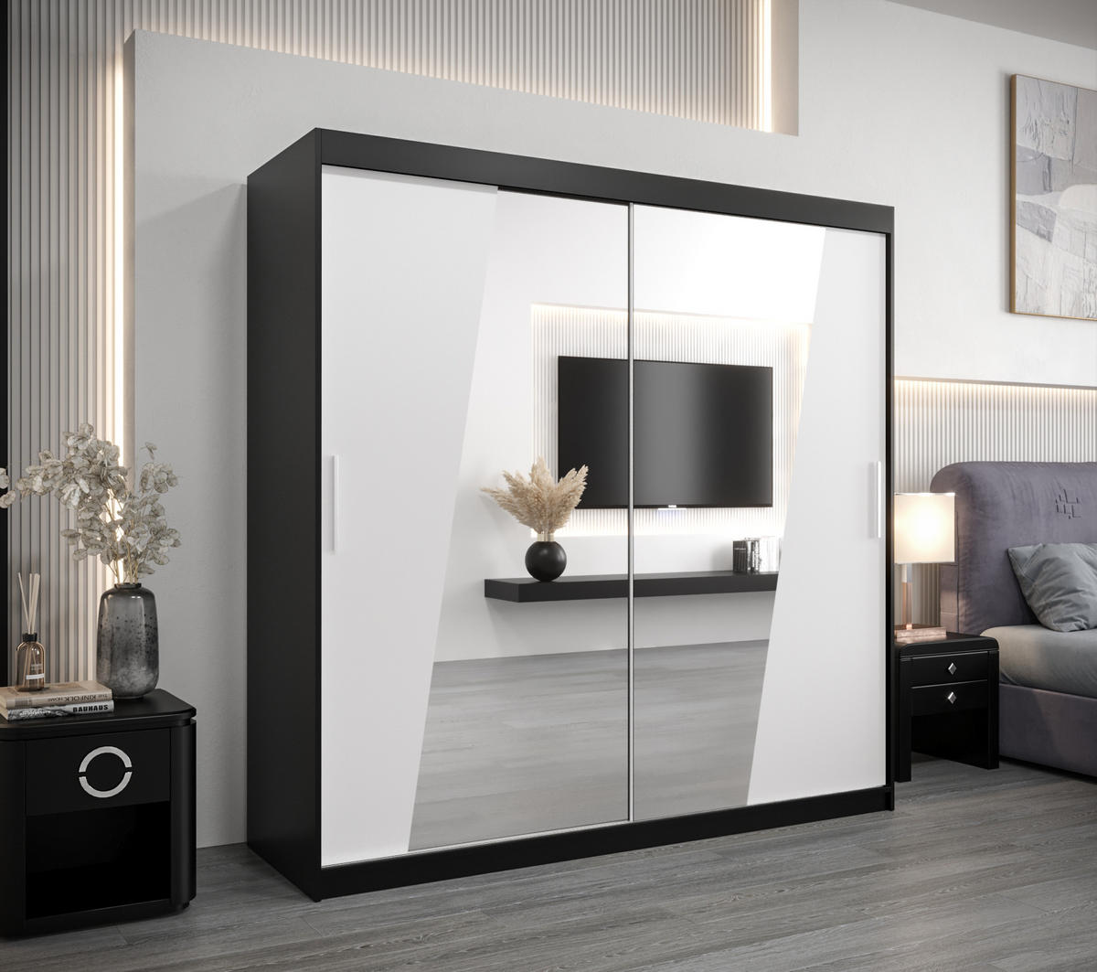 SCHWEBETÜRENSCHRANK 200/200/62 2-türig - Silberfarben/Schwarz, Holz/Kunststoff (200/200/62cm) - Abiks Möbel