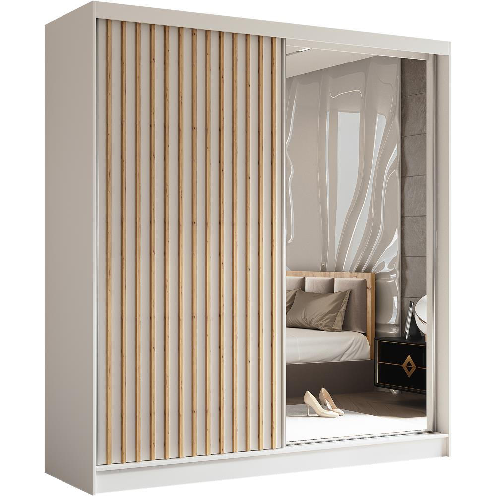 Beautysofa SKŘÍŇ s posuvnými dveřmi Helix 200/216/61 bílá + dub Artisan se zásuvkami