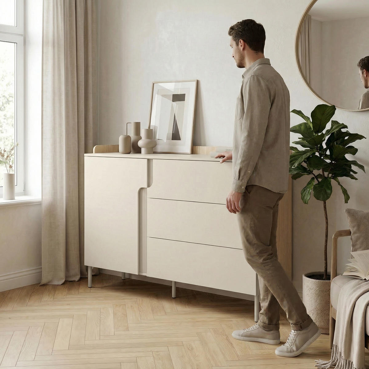 KOMMODE Positivo mit 1 Tür und 3 Schubladen, 140 cm, Mavelie-Eiche + Macadamia - Eichefarben, Holzwerkstoff (143/95/42cm) - Beautysofa