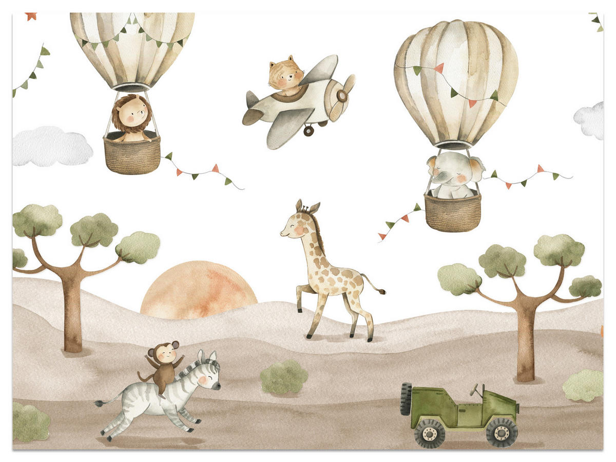 FOTOTAPETE für Kinderzimmer Tiere Ballons Flugzeuge Safari Bäume Hügel 500x350 - Beige/Braun, Papier (500/350cm) - Muralo