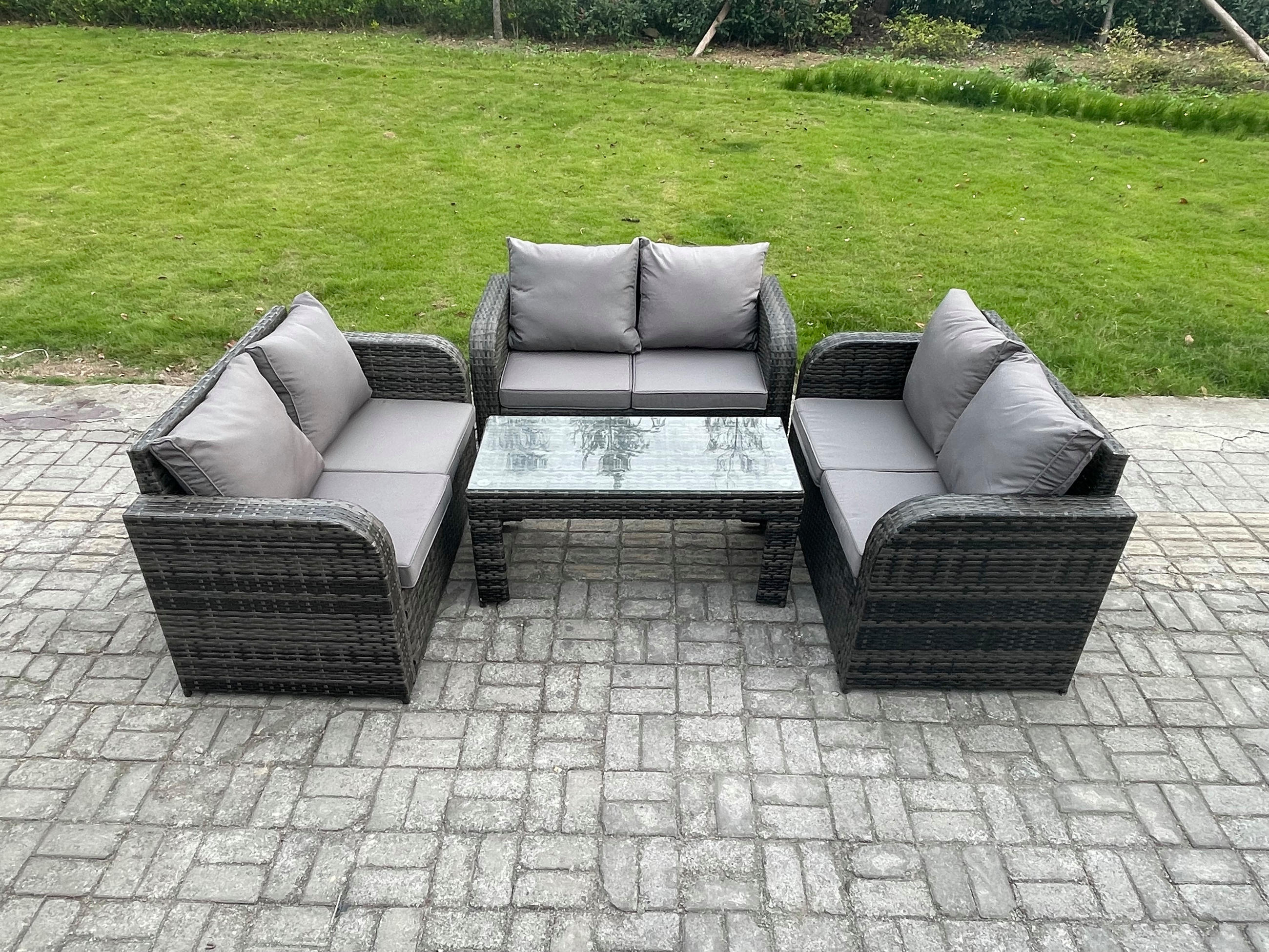 GARTENSOFA SET mit rechteckigem COUCHTISCH Polyrattan 6-Sitzer Dunkelgrau - Dunkelgrau/Grau, Glas/Kunststoff - Fimous