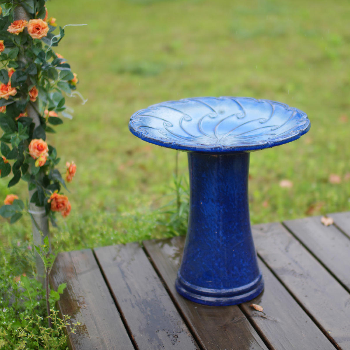VOGELBAD mit Standfuß, Keramik Ø43/45H cm, Wetterfest, Blau - Blau, Keramik (43/45/43cm) - LVHOM