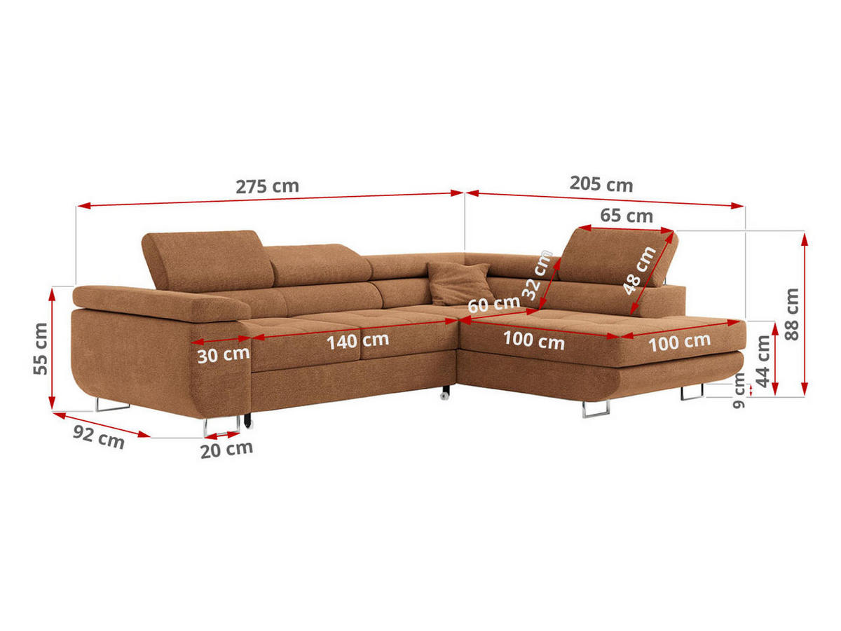 ROHOVÁ SEDAČKA GUSTAW L - Oranžová Strukturovaná látka - Pravá Strana - pomerančová/stříbrná, kov/textil (205/275cm) - MKS