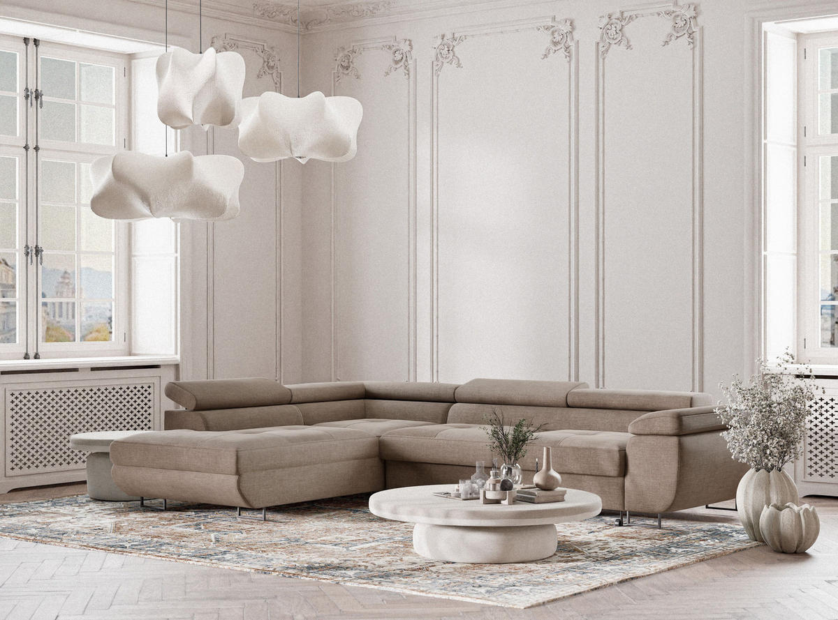 ECKSOFA Concord Grau braun Chenille-Stoff - Links Seite - Graubraun/Schwarz, Holz/Holzwerkstoff (203/277cm) - Maison de Reve