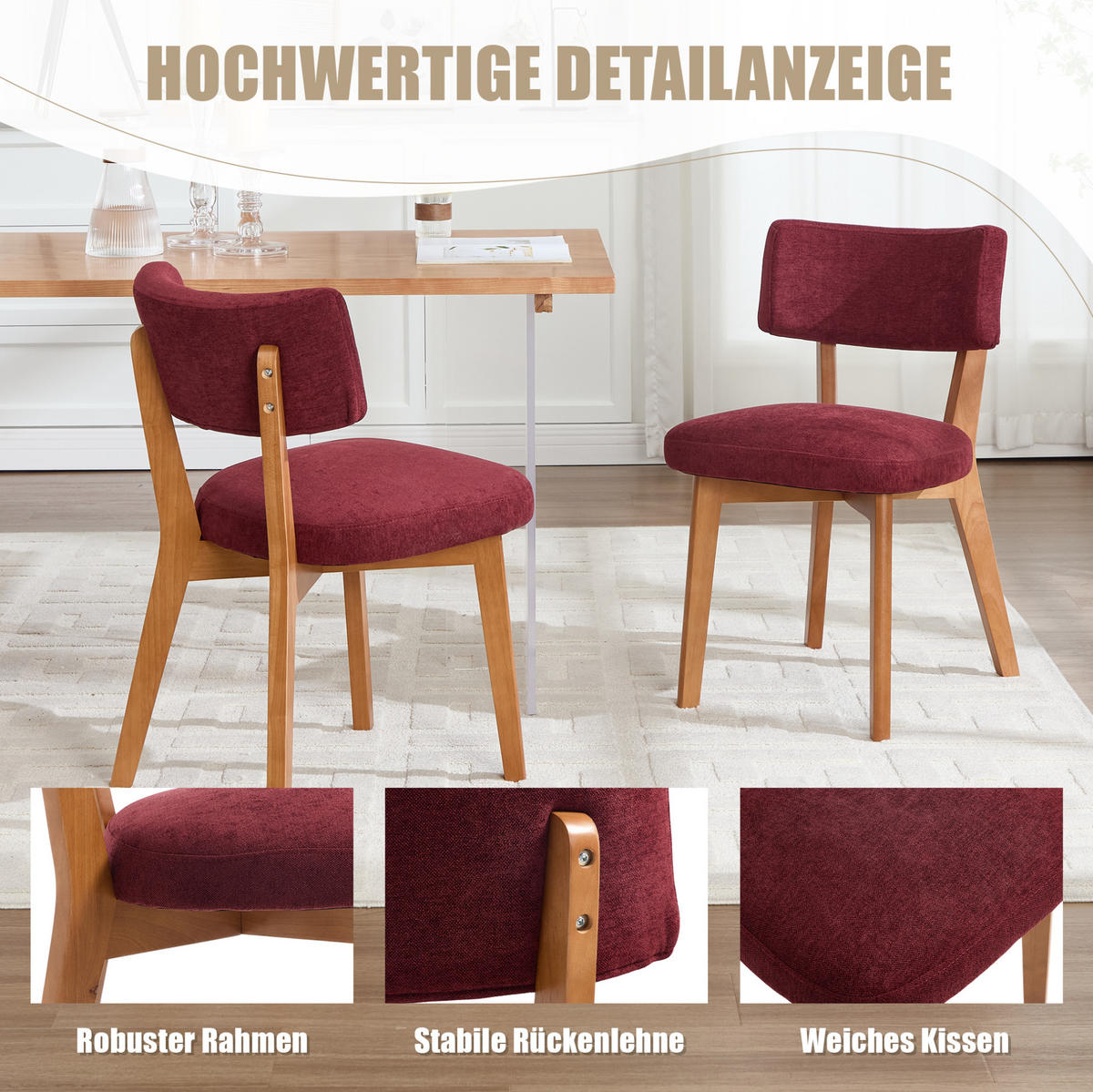 VIERFUSSSTUHL 54,5/47/77 cm weinrot aus Holz mit Stoffpolsterung - Weinrot, Holz (47/77/54.5cm) - OKWISH