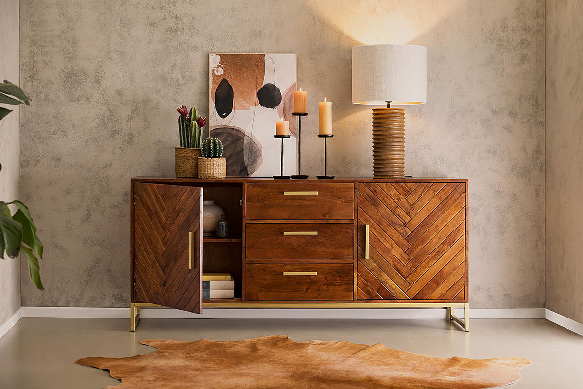 SIDEBOARD - Akazie massiv - Goldfarben/Akaziefarben, Holz (180/80/39cm) - home24