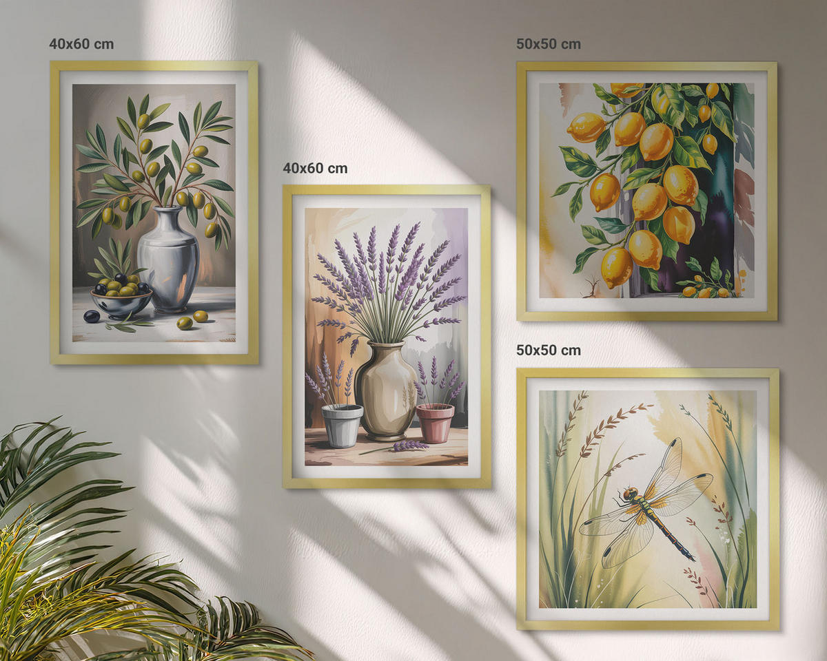 WANDBILDER 4er Set - 50x50 cm & 40x60 cm Goldrahmen - Olivenblüten in Vasen Natur - Goldfarben, Kunststoff (50/50cm) - ArtPrintCave