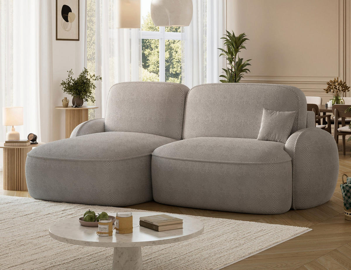 ECKSOFA TESALIA L-Form – Schlaffunktion, Bettkasten, Wellenfederung, HR-Kaltschaum, minimalistisches Design - Champagner, Kunststoff (247/150cm) - Wohnideebilder