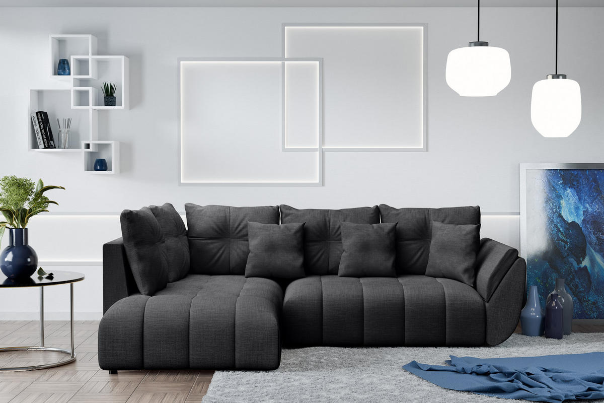 ECKSOFA L Form Corleone Dunkelgrau 266/182/91 cm mit Schlaffunktion - Dunkelgrau/Schwarz, Kunststoff/Textil (266/182cm) - AX Living