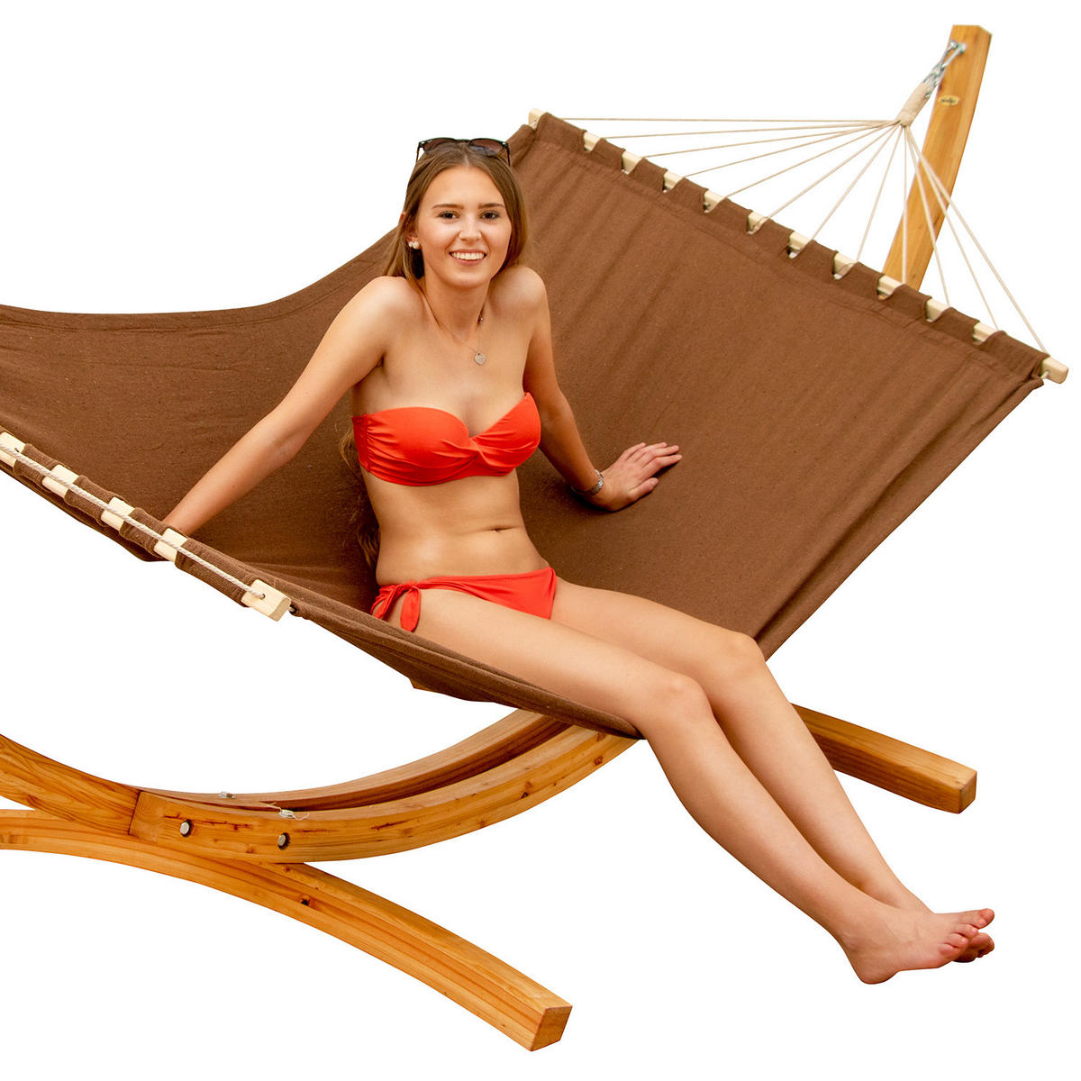 XXL-HÄNGEMATTE mit Holzgestell bis 150kg, 325/120cm, Braun - Braun, Holz (118/118/195cm) - Amanka