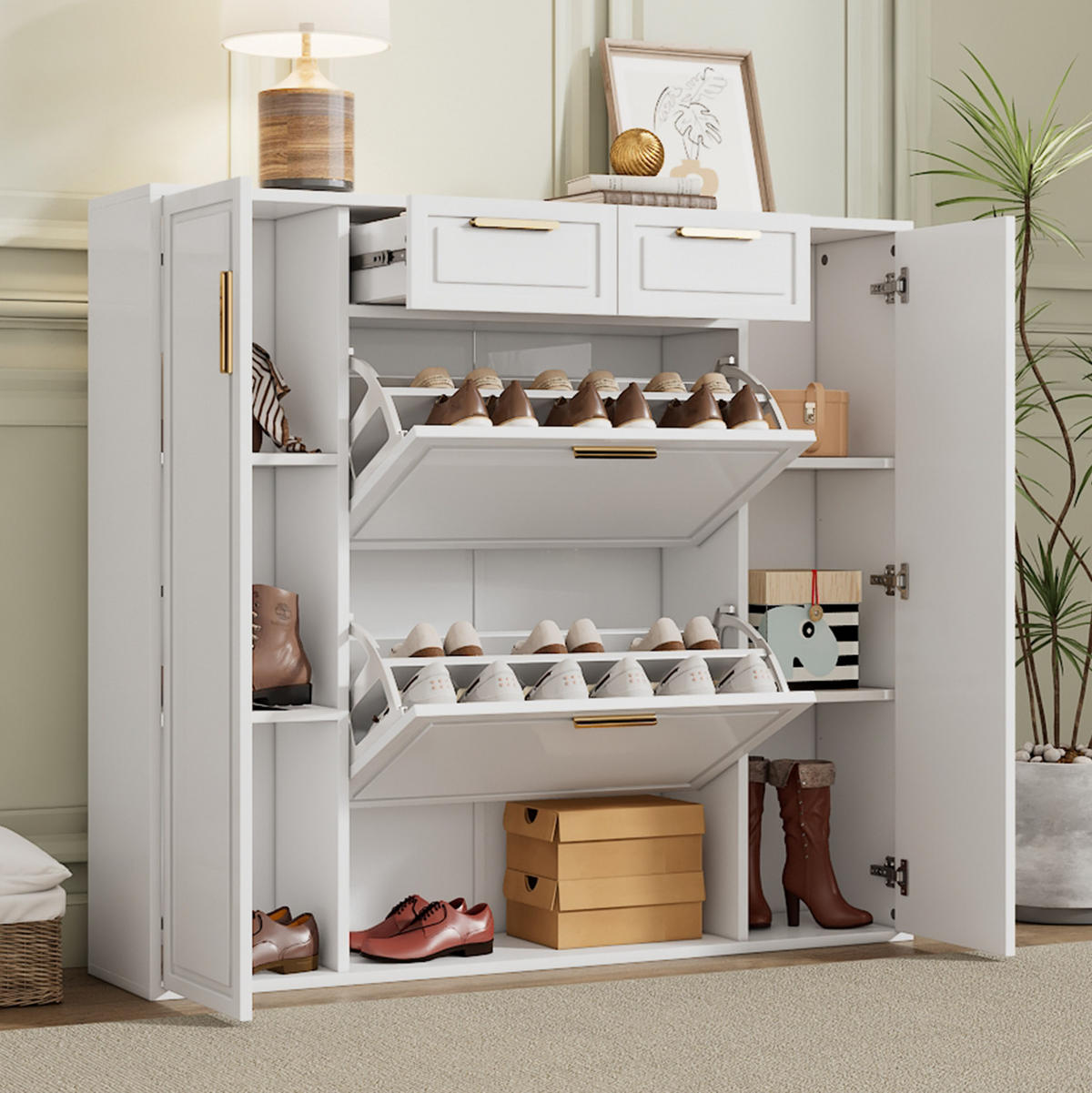 SCHUHSCHRANK aus MDF & Spanplatte 120x24x107cm in Weiß mit Schubladen - Weiß, Holzwerkstoff (120/107/24cm) - Modfu