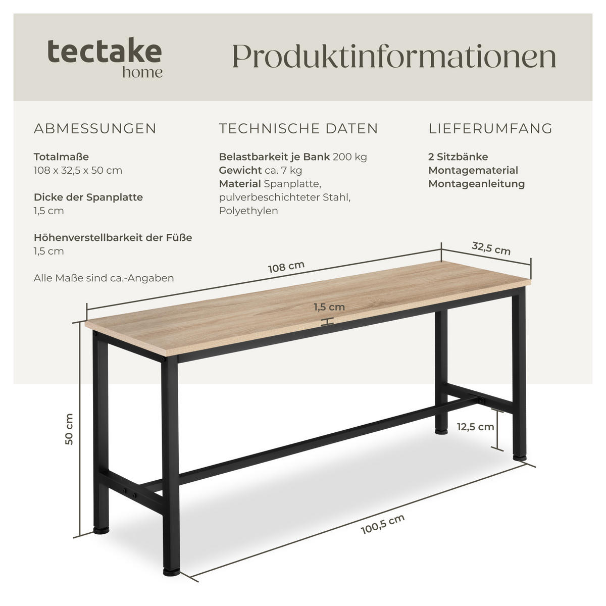 SITZBANK 2er Set Fairfield,108 x 32,5 x 50 cm,Industrial Holz hell, Eiche Sonoma - Naturfarben, Holzwerkstoff (32.5/50/108cm) - tectake