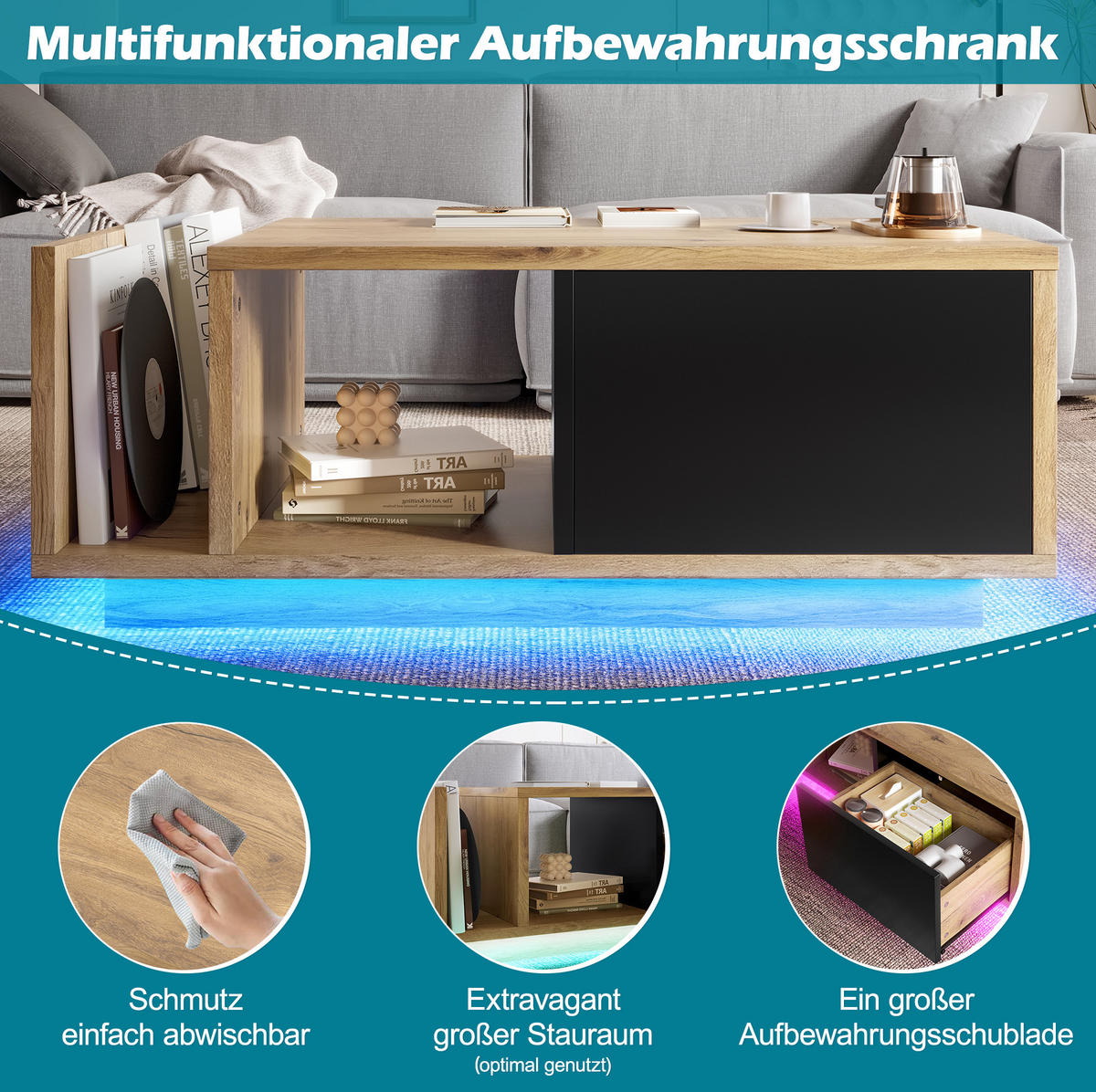 COUCHTISCH aus Holzwerkstoff 99,5x53x38 cm Natur mit LED-Beleuchtung, Schublade und offenem Fach - Naturfarben, Holzwerkstoff (99.5/53/38cm) - IVMEU