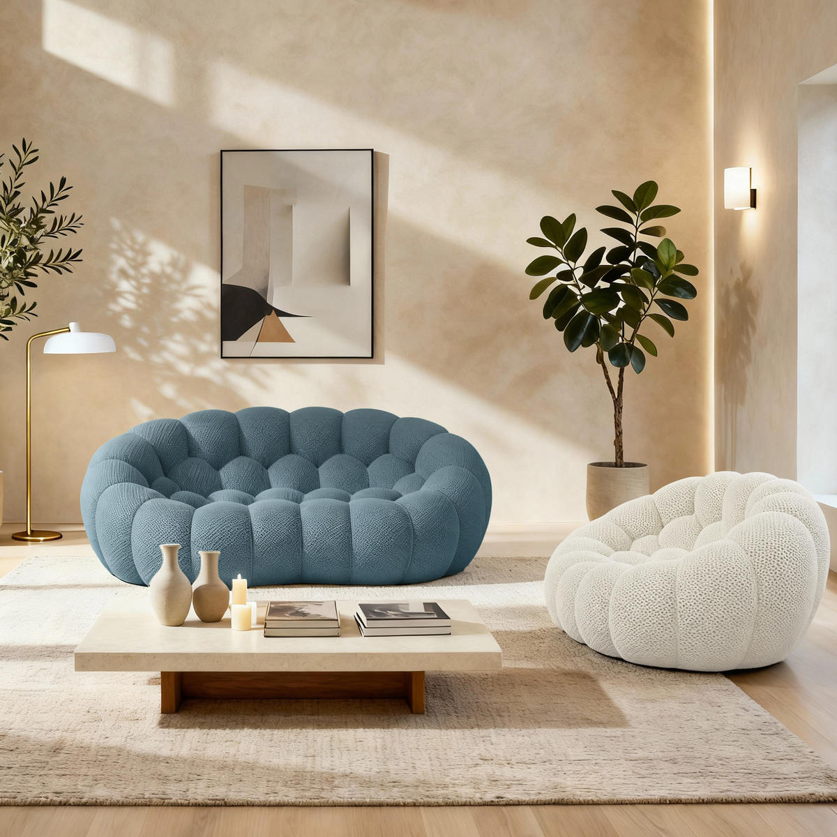 SITZGARNITUR Cocoon Sofa und Sessel Blau und Weiß - Blau/Weiß, Textil (190/75/113cm) - COCO Living