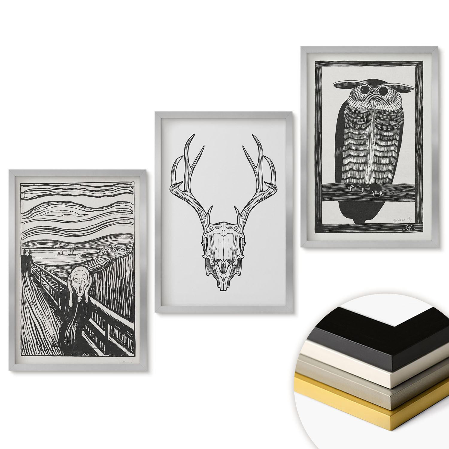 WANDBILDER 3er Set - 40x60 cm Silberner Rahmen - Grafiken mit schreiendem Totenkopf-Eulen - Silberfarben, Kunststoff (40/60cm) - ArtPrintCave