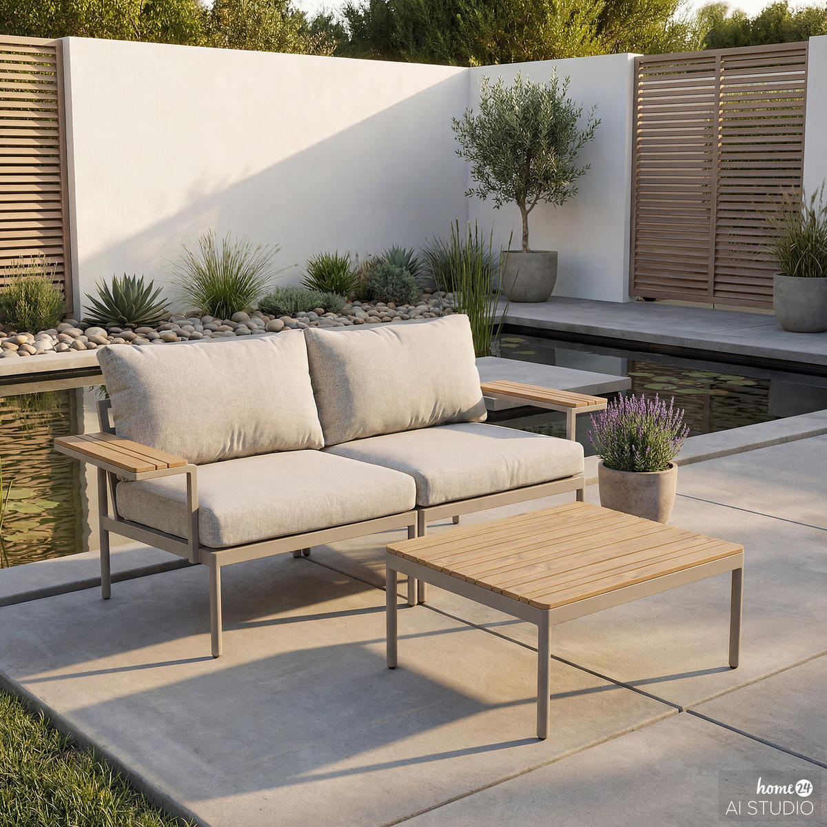 MODULARES LOUNGESET - 3-teilig - Stahl / Olefin - Beige, Kunststoff/Textil - home24