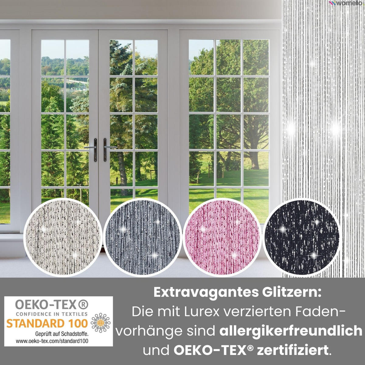 FADENVORHANG Lurex schwarz/silber 245/90 cm Glitzer-Effekt Stangendurchzug kürzbar - Schwarz, Textil (90/245/1cm) - wometo