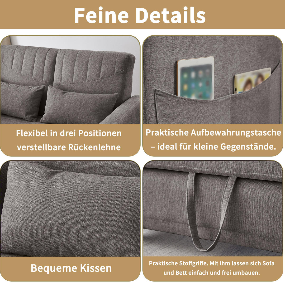 SCHLAFSOFA Baumwoll-Leinen mit Ausziehfunktion und verstellbarer Rückenlehne Grau 114/77/82,5 cm - Grau, Textil (77/82.5/114cm) - Redom