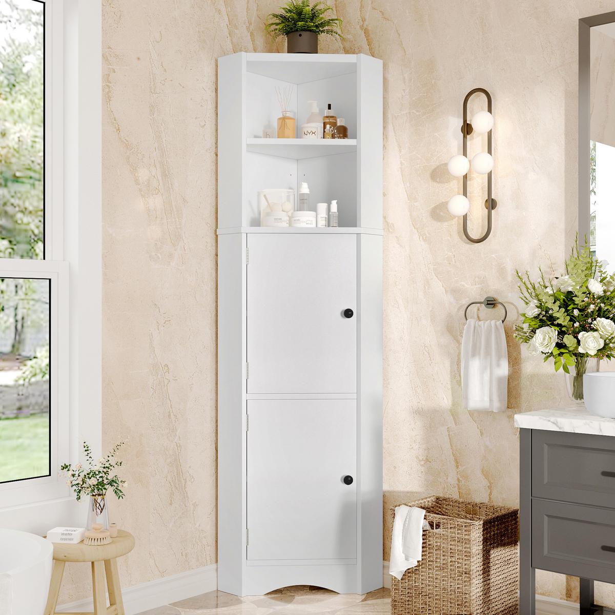 BADEZIMMERSCHRANK 51.7x32x155.4cm in Weiß, feuchtigkeitsbeständig mit 2 Türen - Weiß, Holzwerkstoff (32/155.4/51.7cm) - Modfu