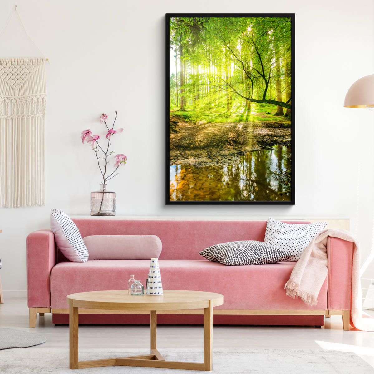 GERAHMTES BILD Wald - Landschaft - Wasser - Bäume - Sonne - Grün - Natur 80x120 cm - Grün, Papier (80/120cm) - MuchoWow