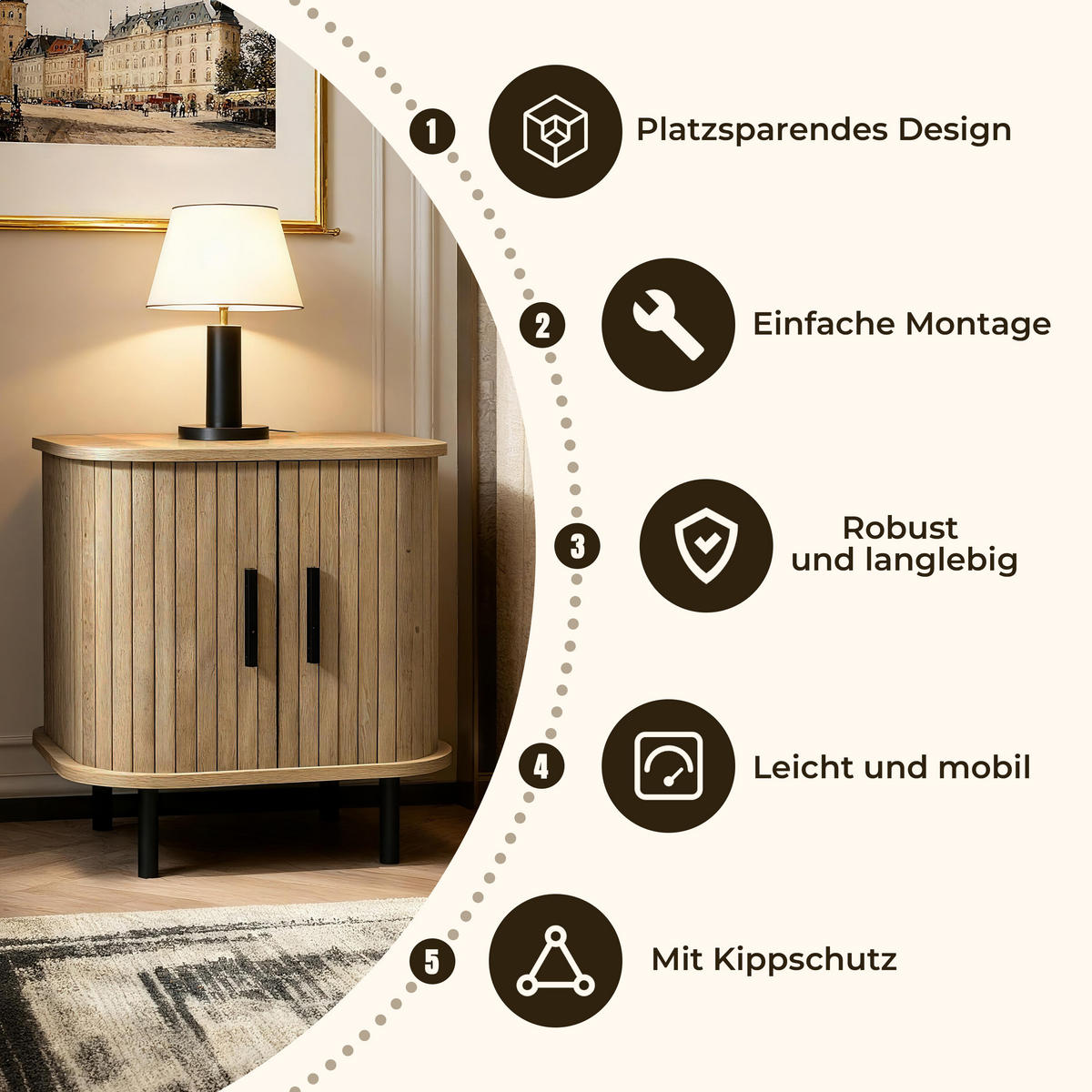 NACHTTISCH Mid-Century mit Rolltür, Holz | B45 x T40 x H48 cm - Braun, Holzwerkstoff (45/48/40cm) - Hometopia