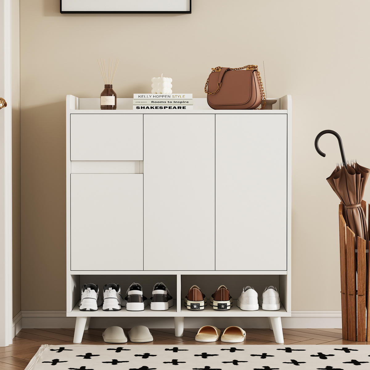 SCHUHSCHRANK mit Massivholzbeinen H99xB90xT35 Minimalistisch - Weiß, Holzwerkstoff (35/99/90cm) - FLIEKS