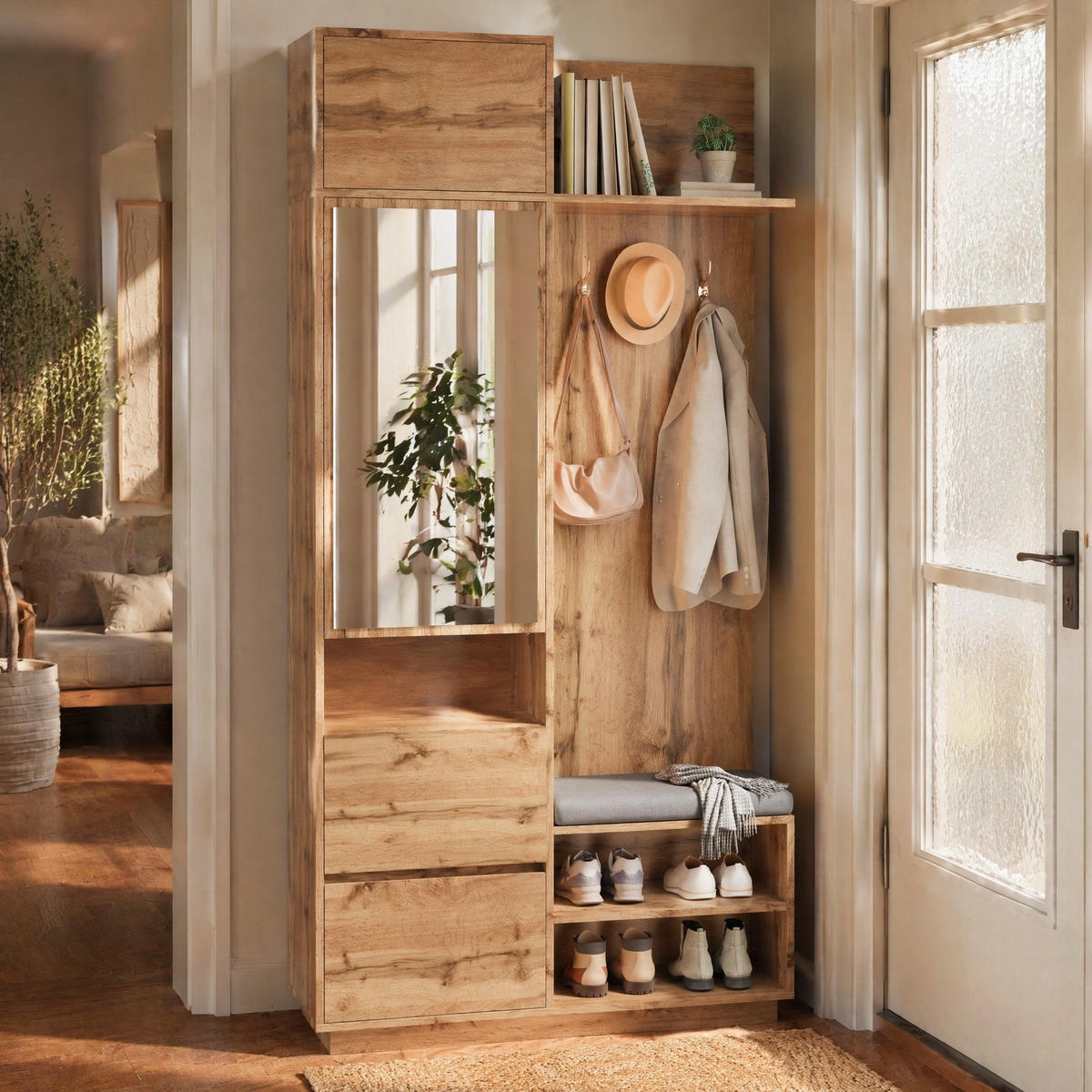 GARDEROBE-SET in Naturfarben mit Spiegel und Sitzbank für Flur und Eingangsbereich, B90/T34.5/H190 cm - Naturfarben, Glas/Holzwerkstoff (90/190/34.5cm) - STILVORA