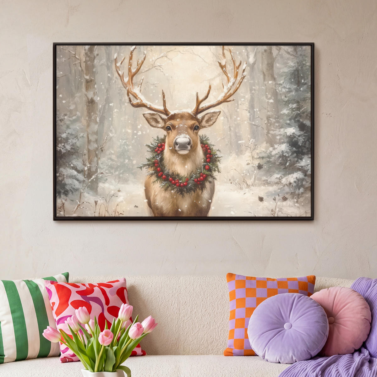 LEINWAND Bilder mit Rahmen - Weihnachten - Rentier - Winter - Kranz - 90x60 - Naturfarben, Textil (90/60cm) - MuchoWow