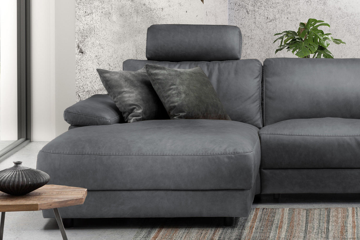 ECKSOFA XL MOTOR. RELAXFUNKTION LOLA Grau Leder - Schwarz/Grau, Leder (304/178cm) - KAWOLA