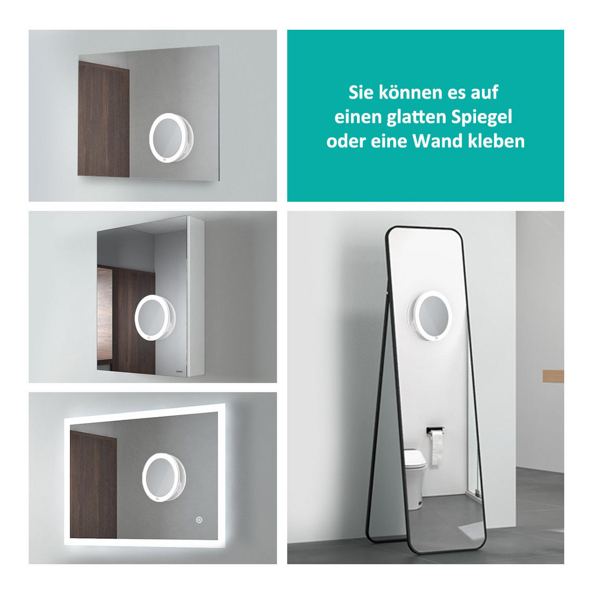 KOSMETIKSPIEGEL mit Licht mit Saugnapf, 5-fache Vergrößerung, Weiß, ф16,5 cm - Weiß, Glas (16.5/16.5/16.5cm) - EMKE