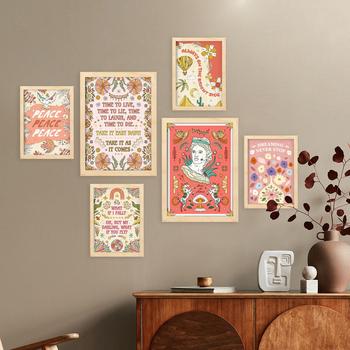 POSTER Set Mit 6 groovige Rose Größe A3 & A4 Rahmen aus hellem Holz - Beige, Papier (29.7/1cm) - Nacnic