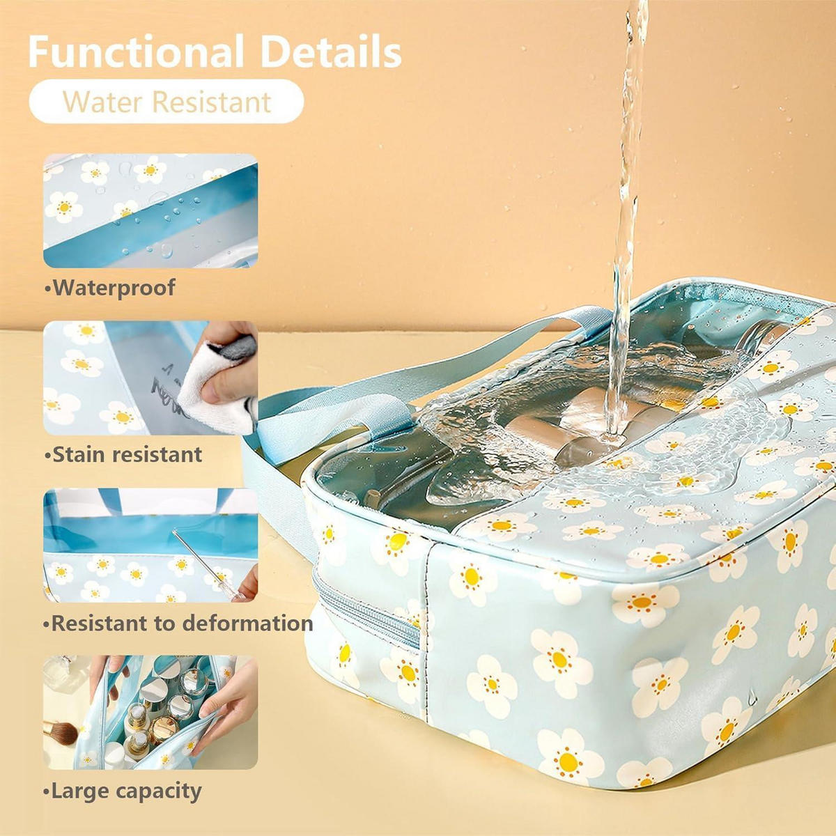 KULTURTASCHEN Set 3-teilig Transparent Blumen Blau - Hellblau, Kunststoff (21/10/30cm)