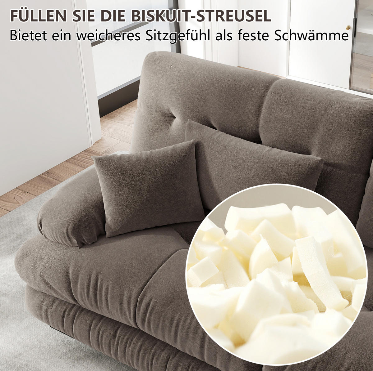 ECKSOFA mit modularer Ottomane, breiten Armlehnen und Deko- sowie Lendenkissen, Braun - Braun, Textil (220/145cm) - Redom