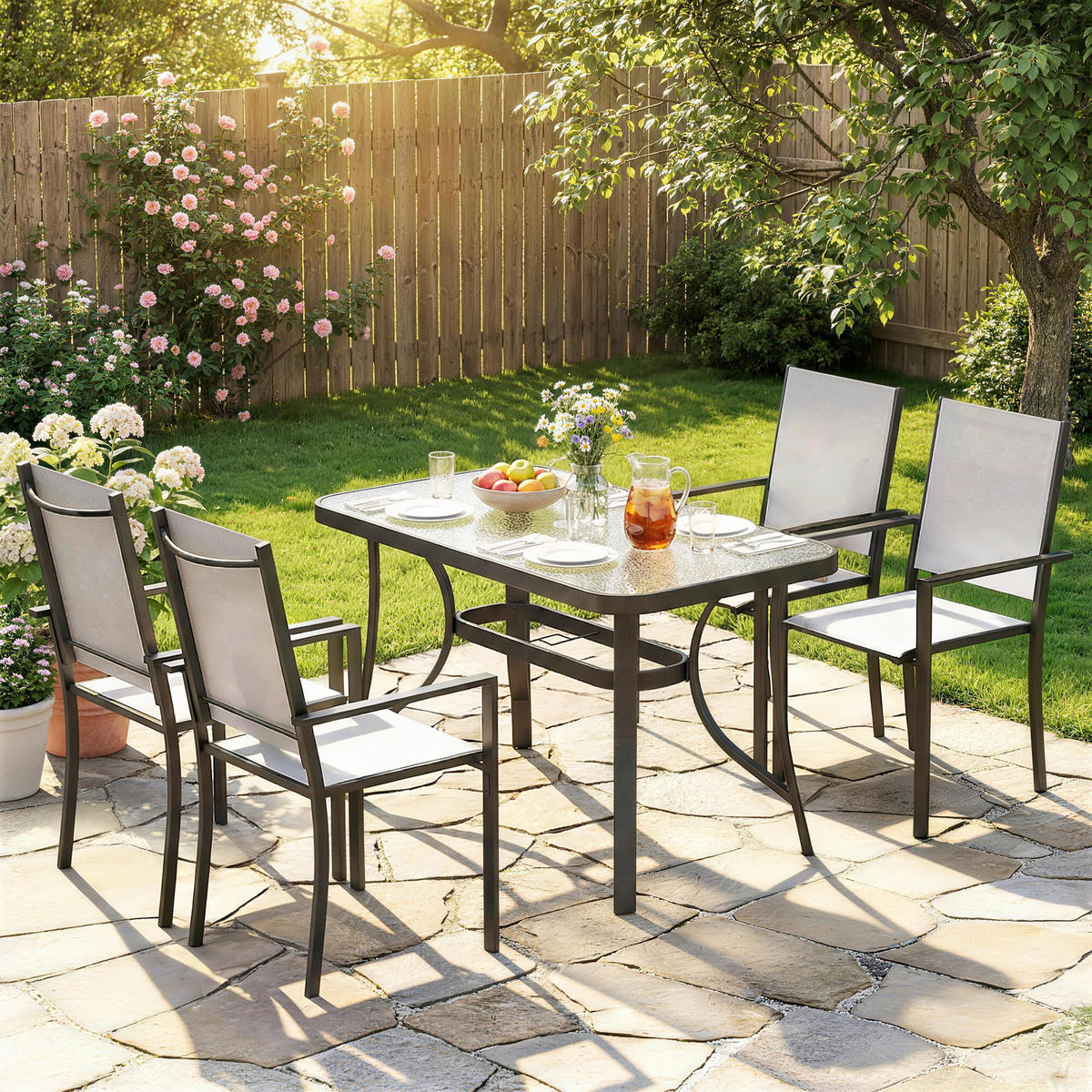 GARTEN-SET 5-teilig,4 stapelbare Stühle+Glastisch mit Schirmloch,hellgrau - Grau, Metall - Vallsero