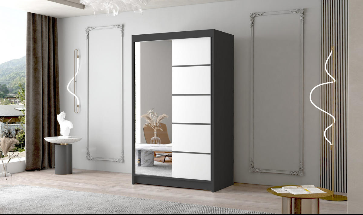 SCHWEBETÜRENSCHRANK Letto III - 100 cm - Schwarz/Weiß, Holzwerkstoff/Metall (100/200/58cm) - Sofnet