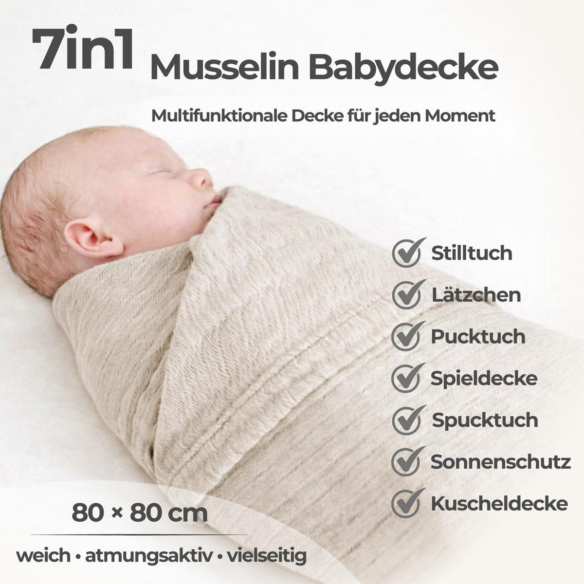 MUSSELINDECKE Babydecke Stilltuch Einschlagdecke Säuglingsdecke Mulltuch ab Geburt - Naturfarben, Textil (80/80cm) - nordic coast company