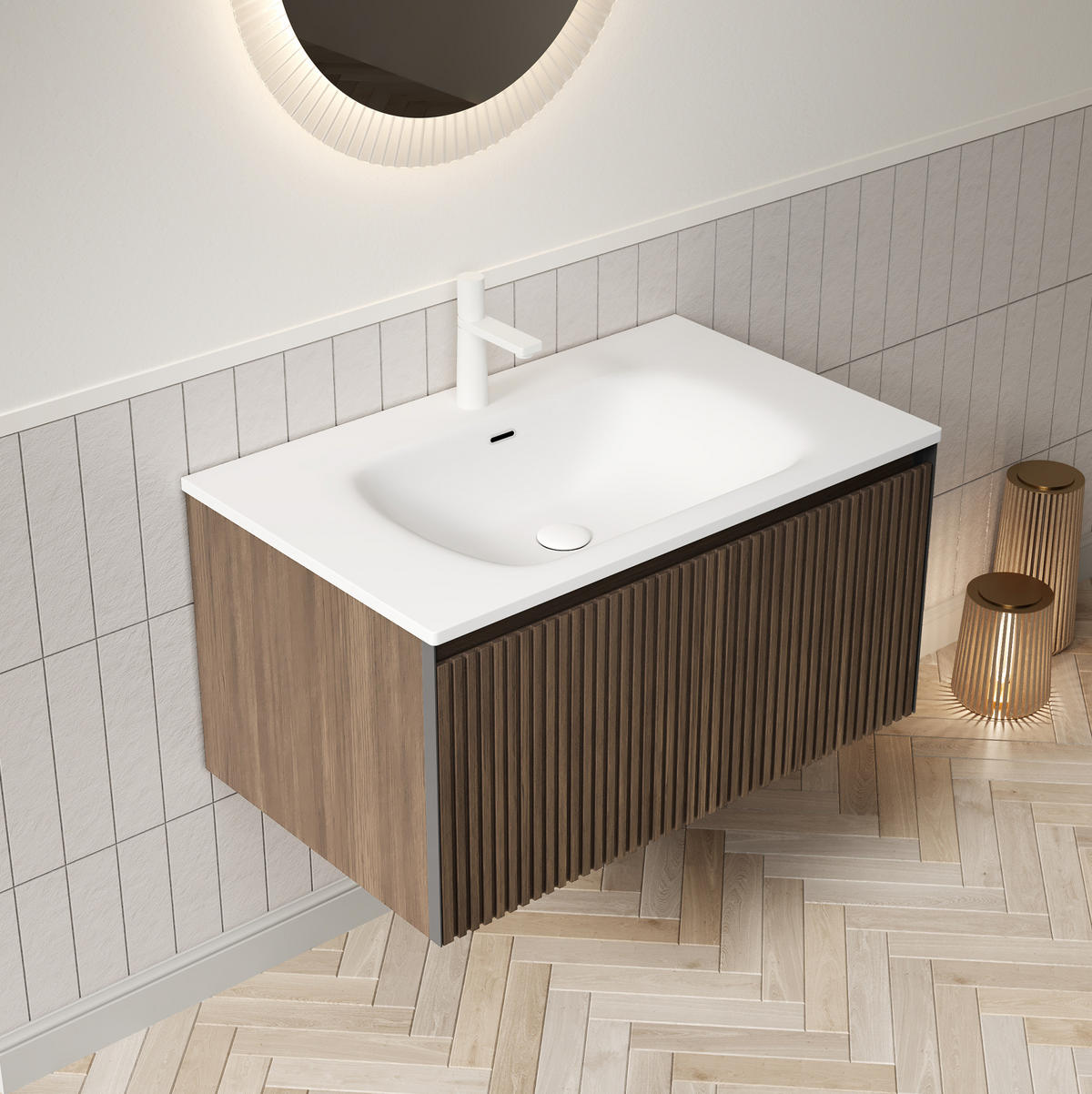 WASCHTISCHKOMBI 80 cm in Brauner Eiche mit Soft-Close-Schublade - Braun, Keramik (80/41.8/46cm) - BEAOK