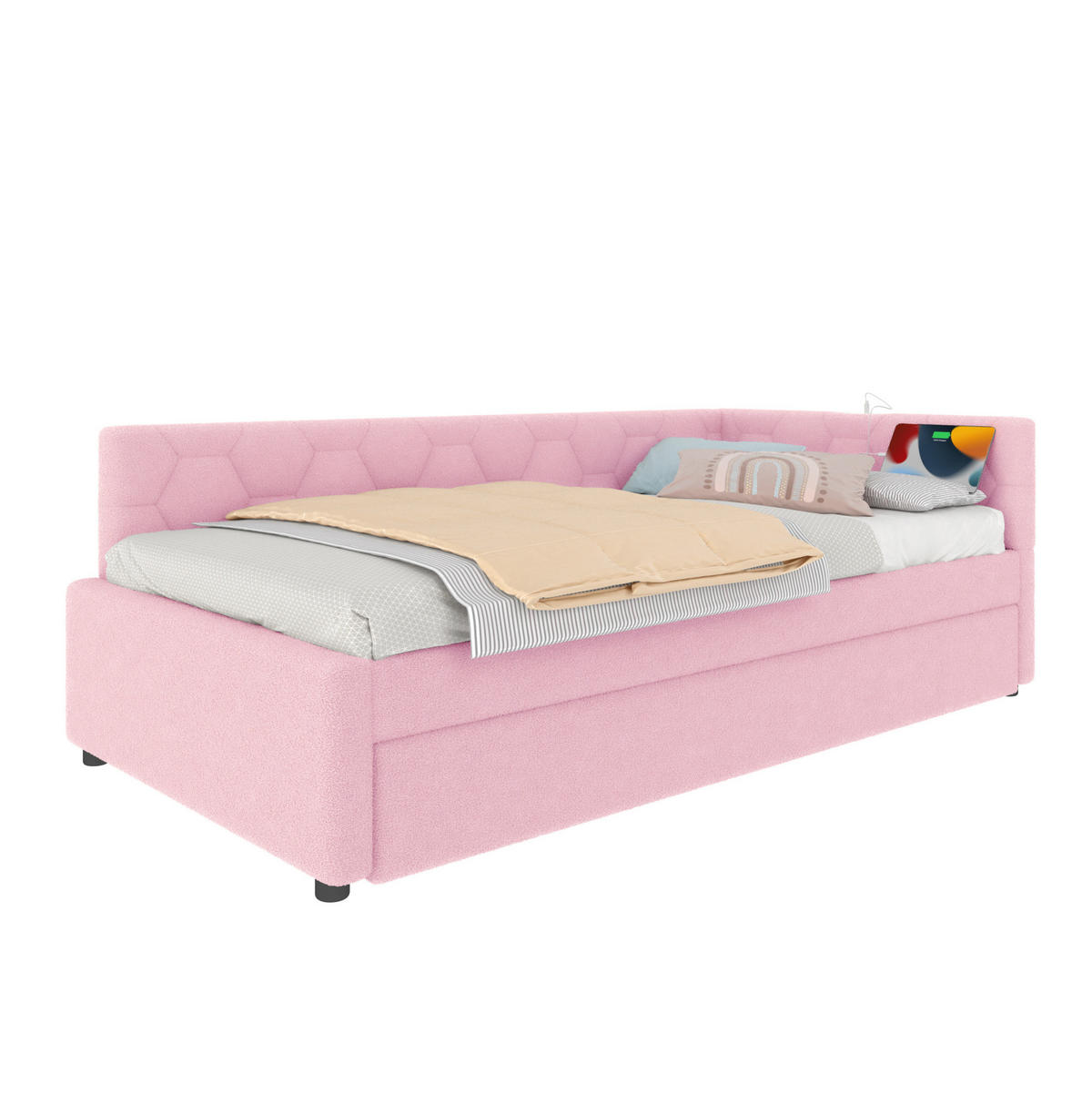 POLSTERBETT 90/200 cm in Rosa mit Polsterbett, Bouclé und USB- und Type-C-Anschlüssen - Rosa, Textil (90/200cm) - Flora Grace