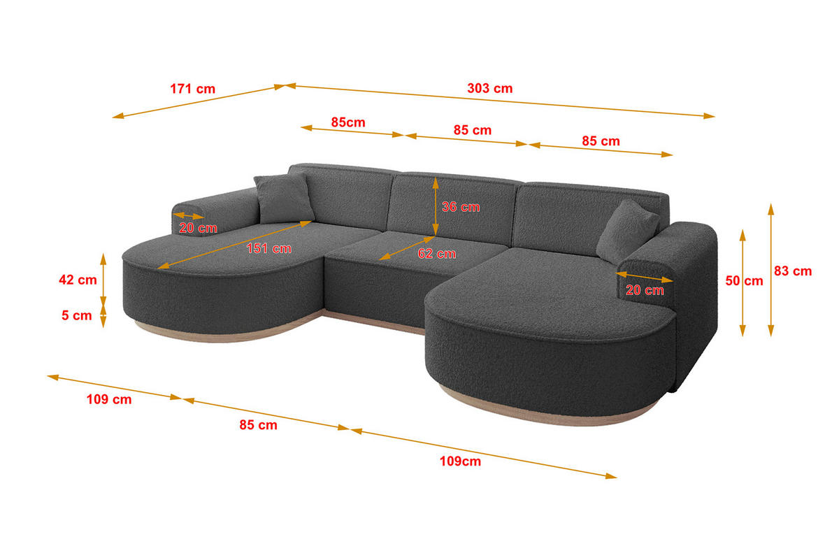 WOHNLANDSCHAFT MARI-U1-v1 - 303x171x83 cm Grau Bouclé - Grau, Holzwerkstoff/Textil (303/83/171cm) - ALTDECOR
